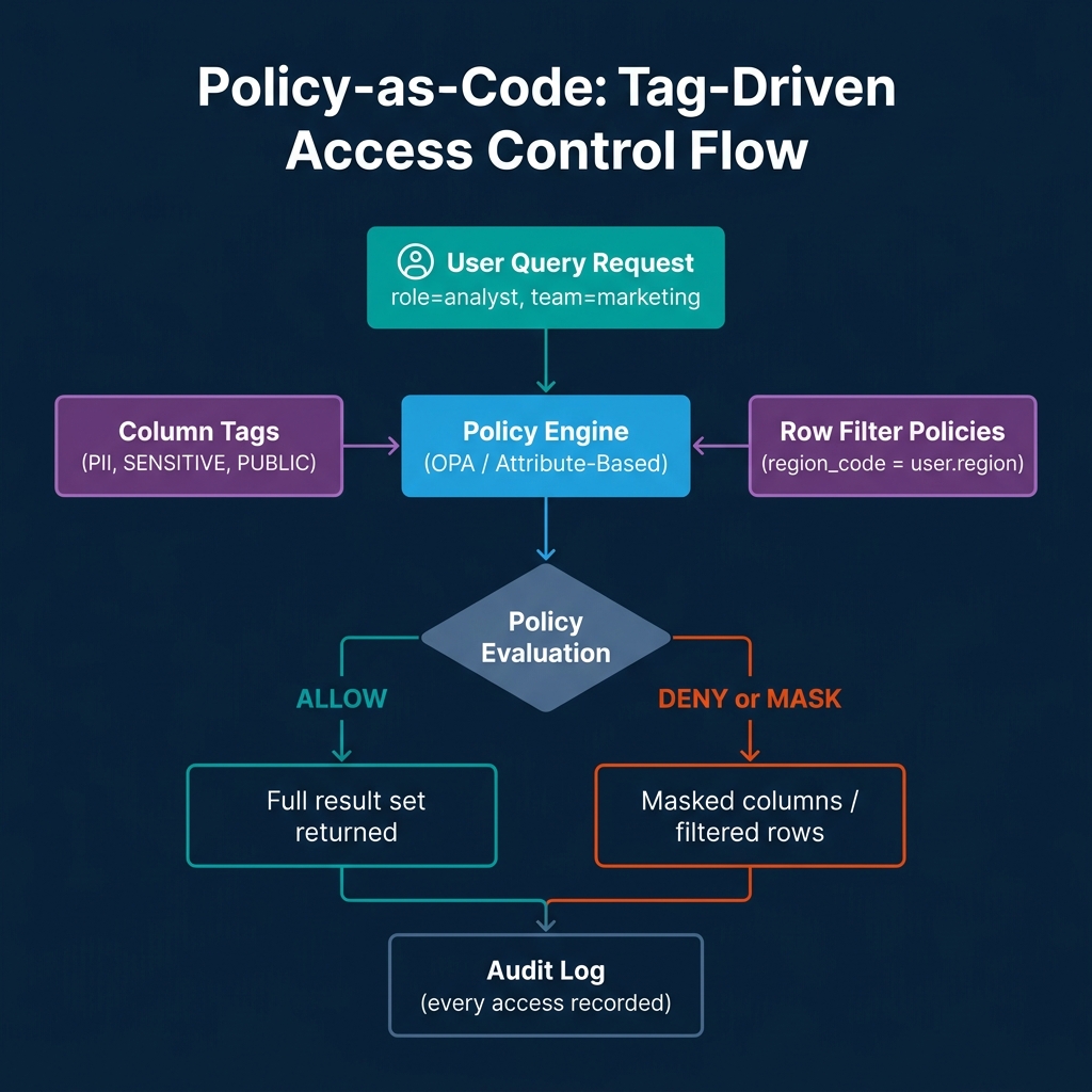 Policy-as-code tag-driven access control flow showing user query request flowing through policy engine consulting column tags and row filter policies, evaluating to allow (full result) or deny/mask, with audit log